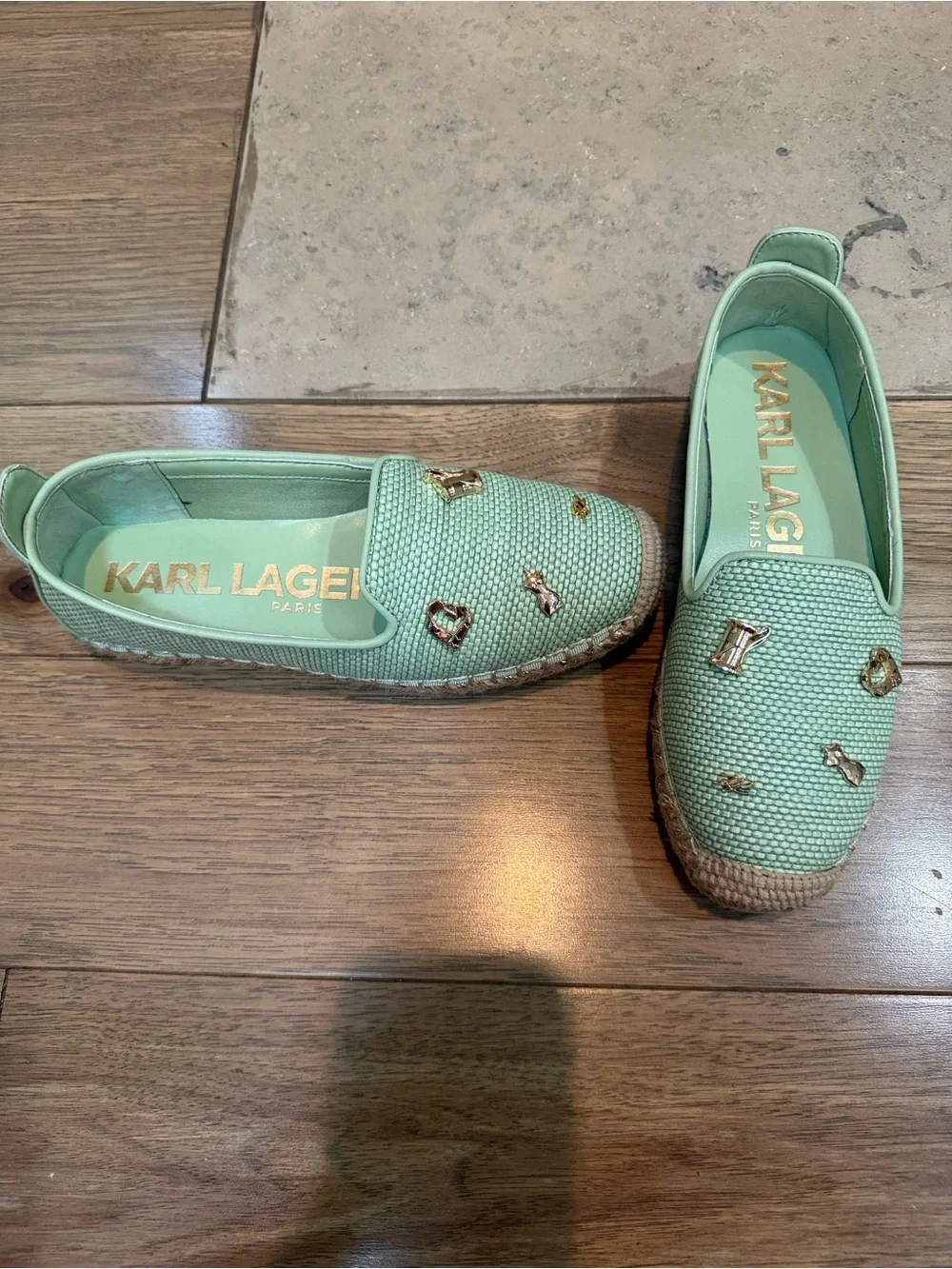 Karl Lagerfeld Mint Espadrille Slip-On Flats with Gold Accents